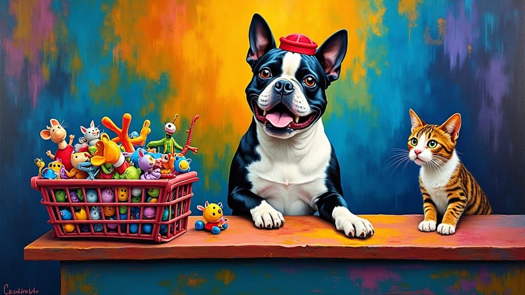 Boston Terrier Cashier Serving Cat Customer, Surreal Art