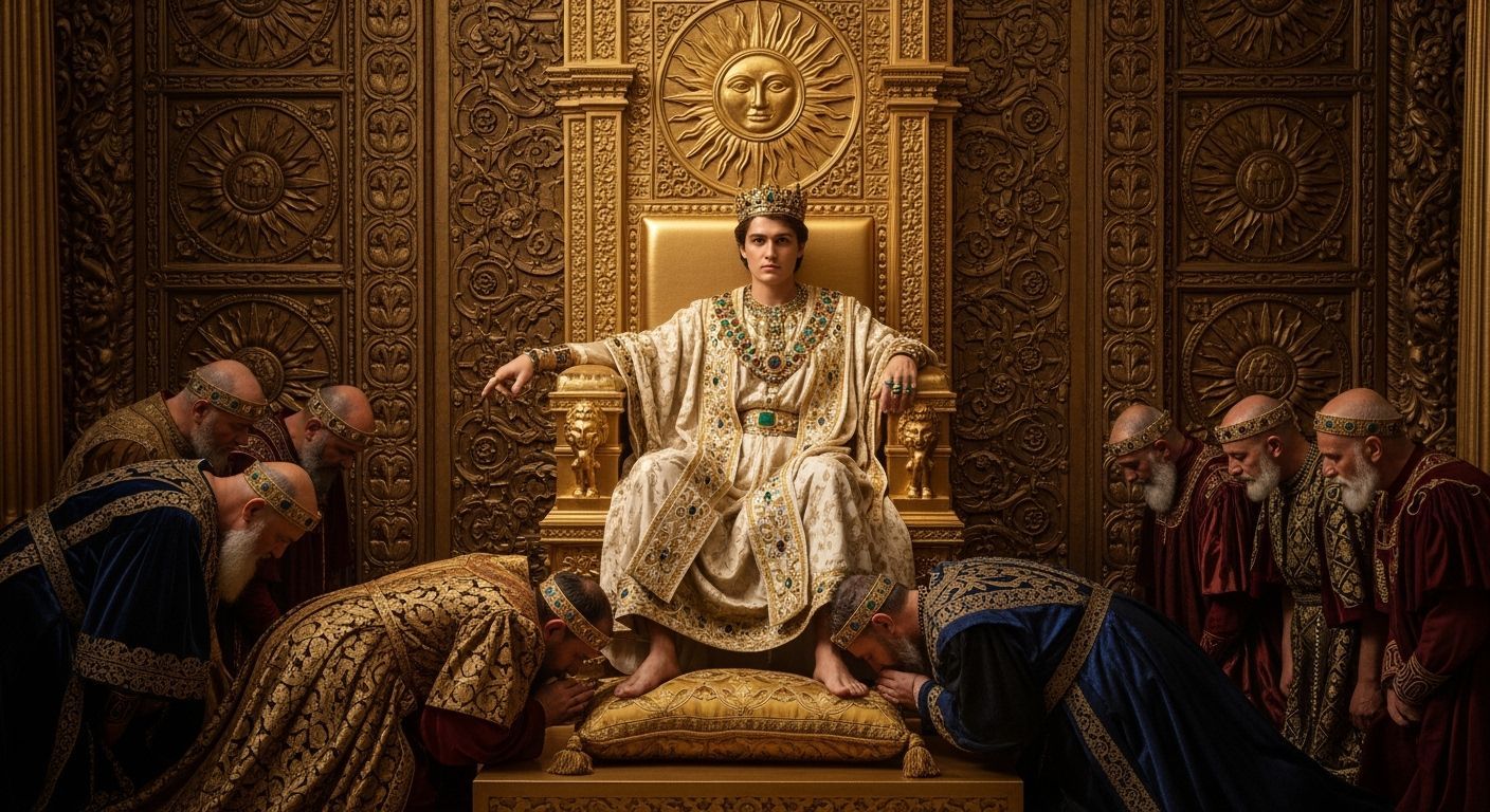 Byzantine Emperor on Jeweled Throne in Opulent Style