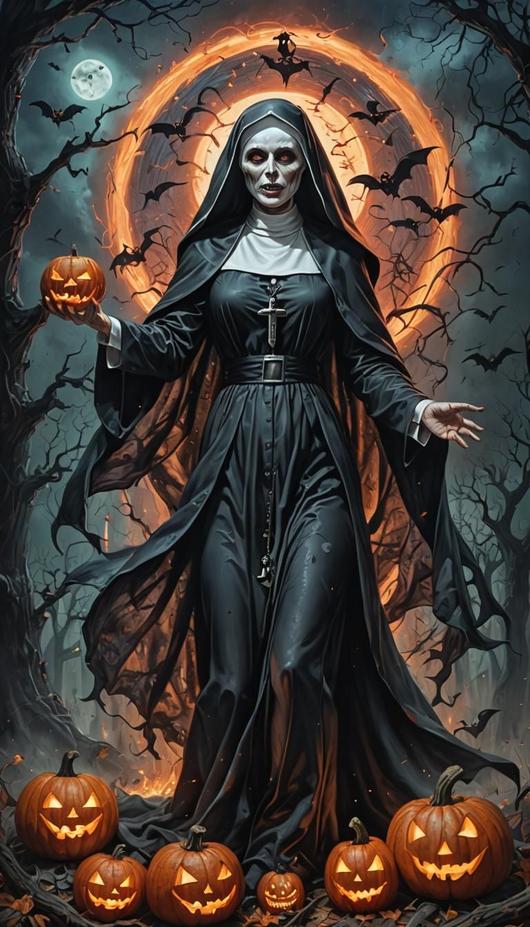 Eerie Halloween Nun Pinup in Holographic Style