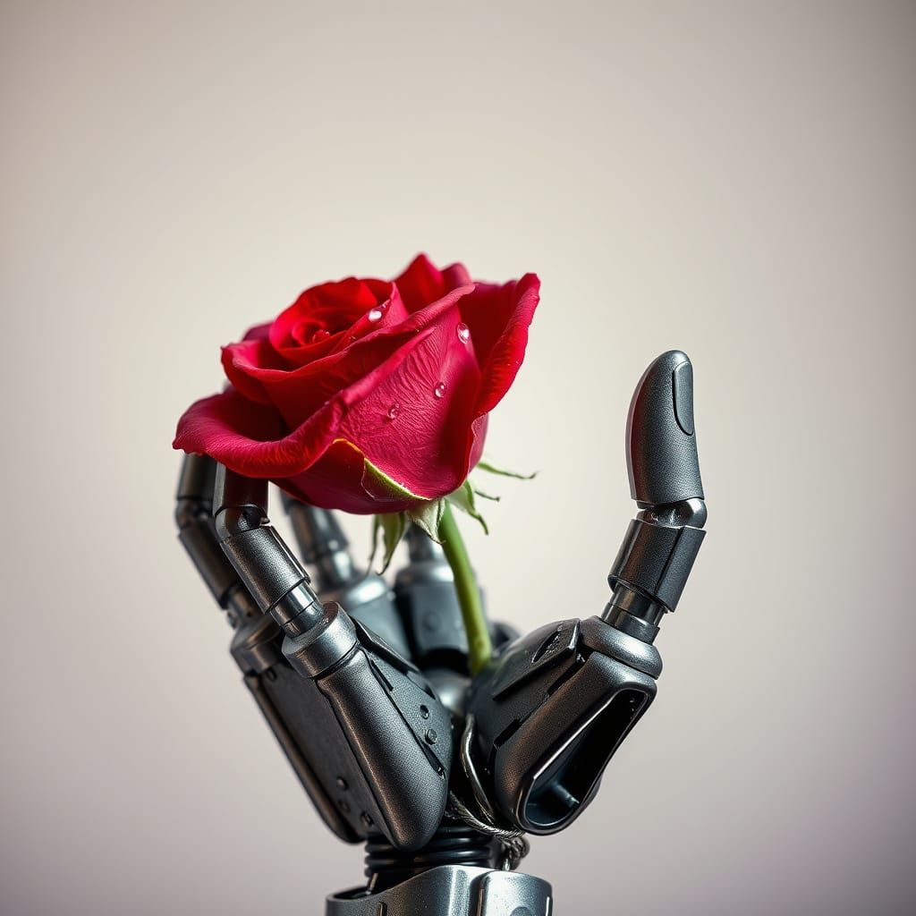 Cyborg Reaches for Fragile Beauty in Metallic Hand