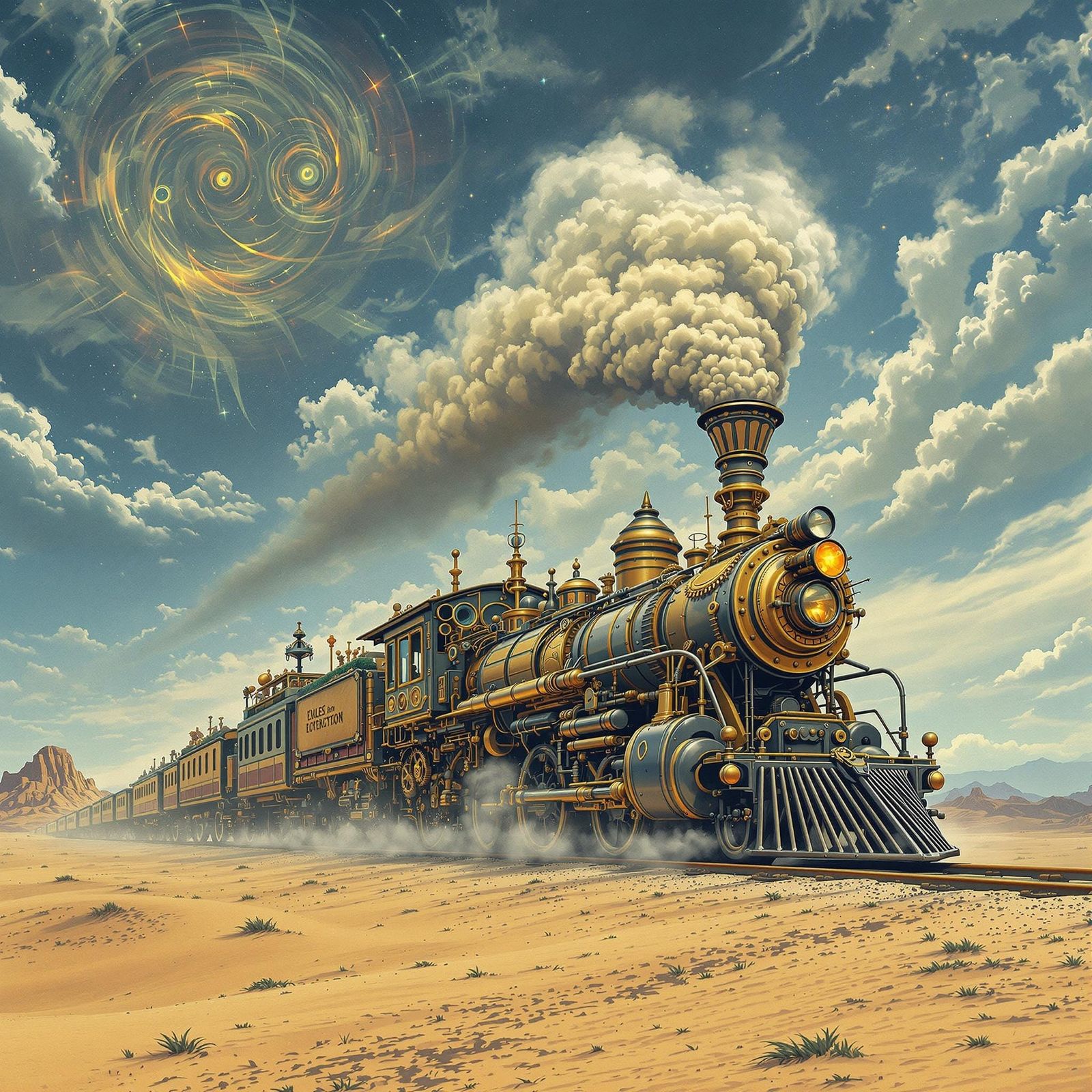 Steampunk Train Journey Across a Desert Landscape