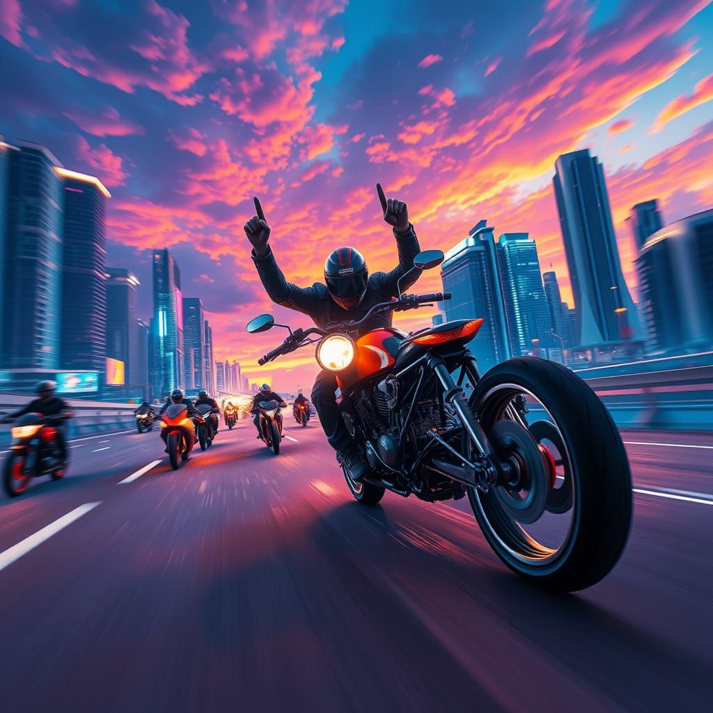 Futuristic Highway Rebel Rides into the Sunset in Cyberpunk...