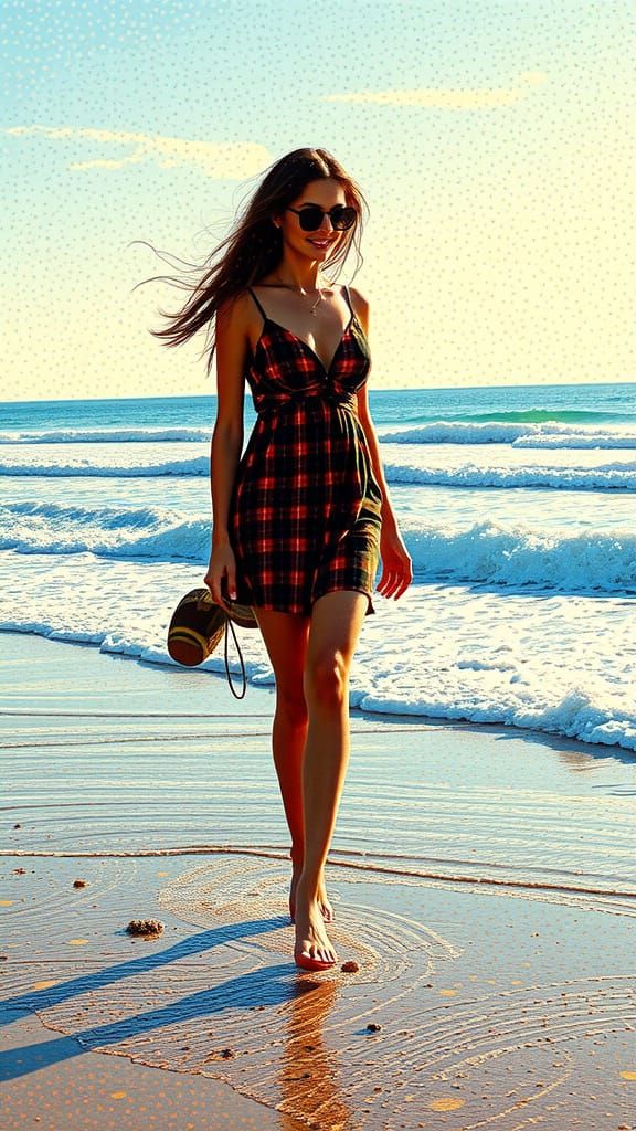 Pointillist Woman Walking Near Beach with Ocean
