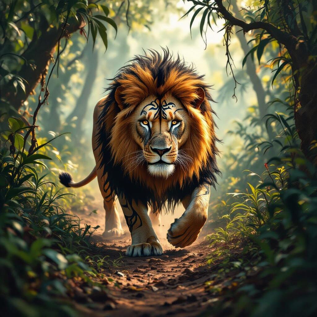 Lion with Tribal Markings in Jungle, Hyperrealistic Style