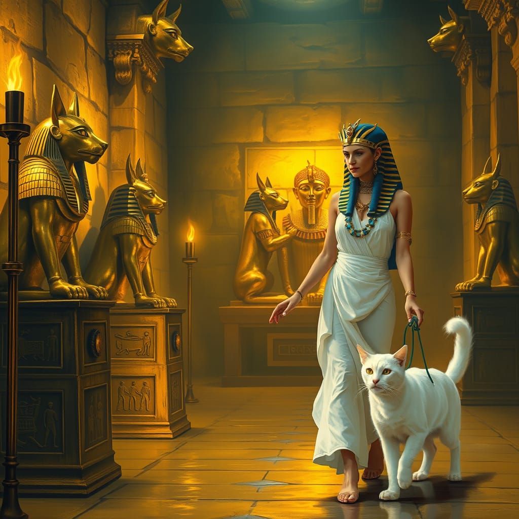 Egyptian Pharaoh Tutankhamun's Tomb with Anubis Guards and G...