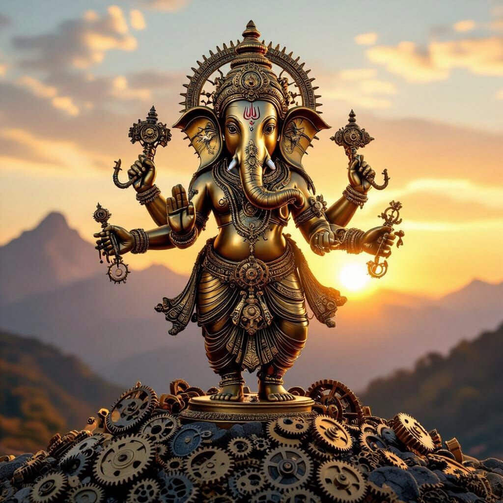 Steampunk Ganesh with Clockwork Details and Sunset Glow