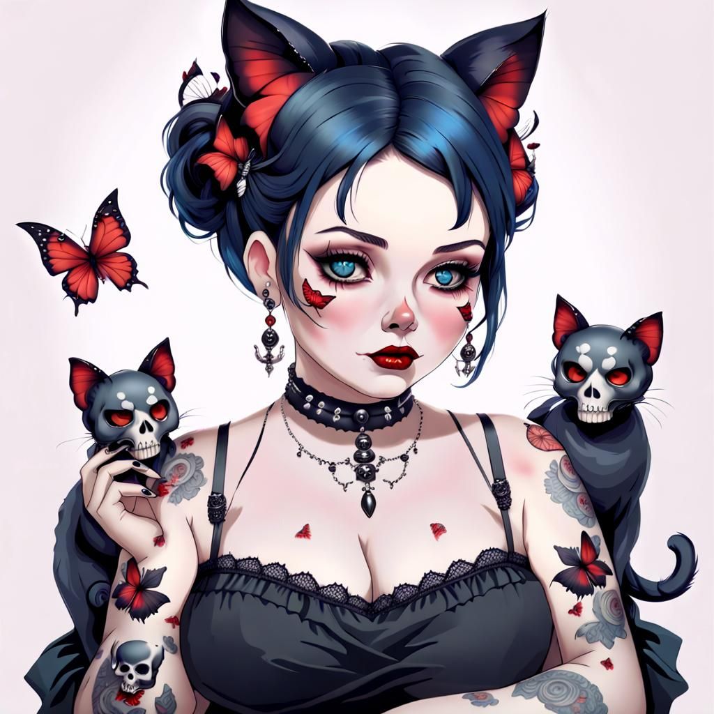 Gothic Woman with Butterflies and Skulls