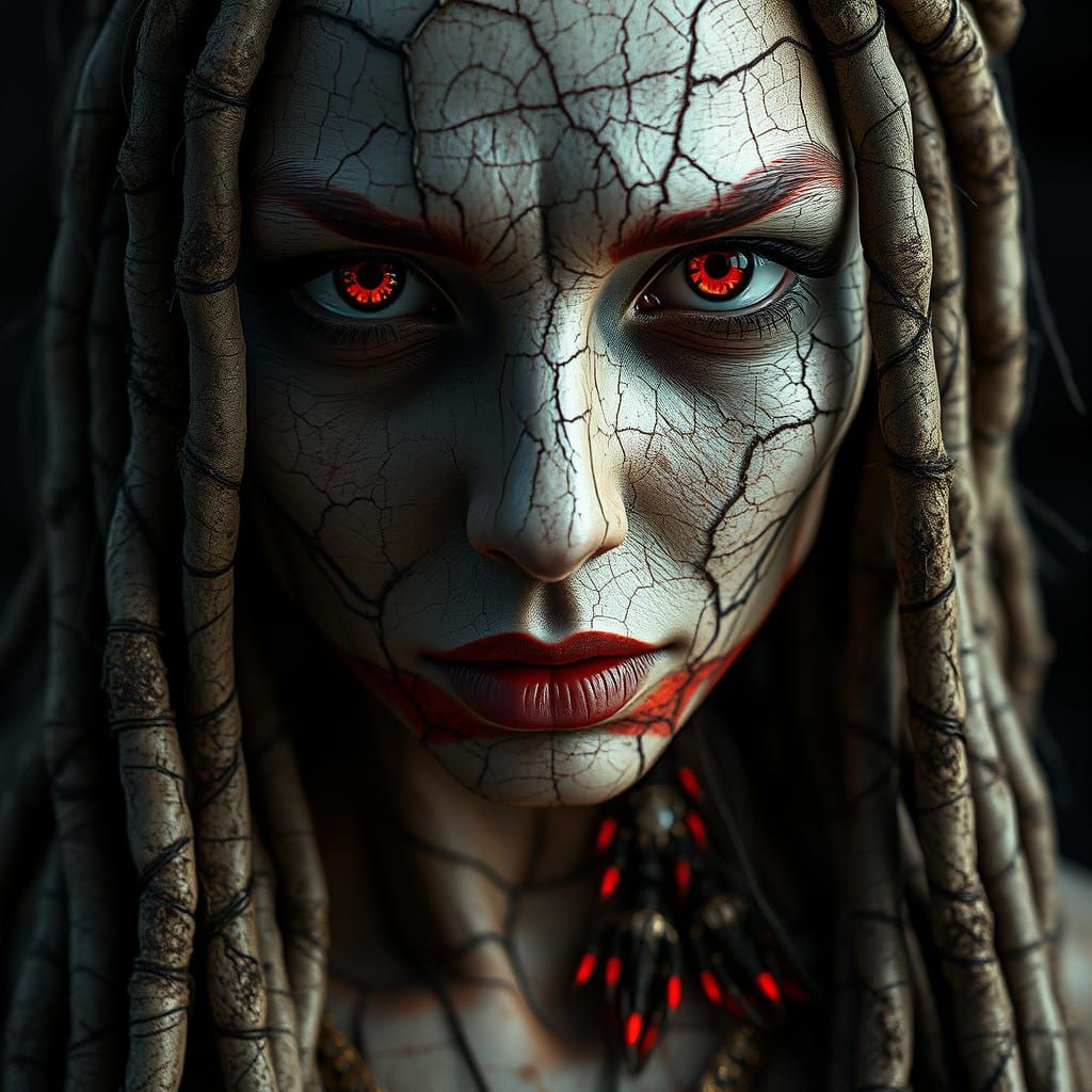 Cyberpunk Goddess with Lava Skin and Red Eyes