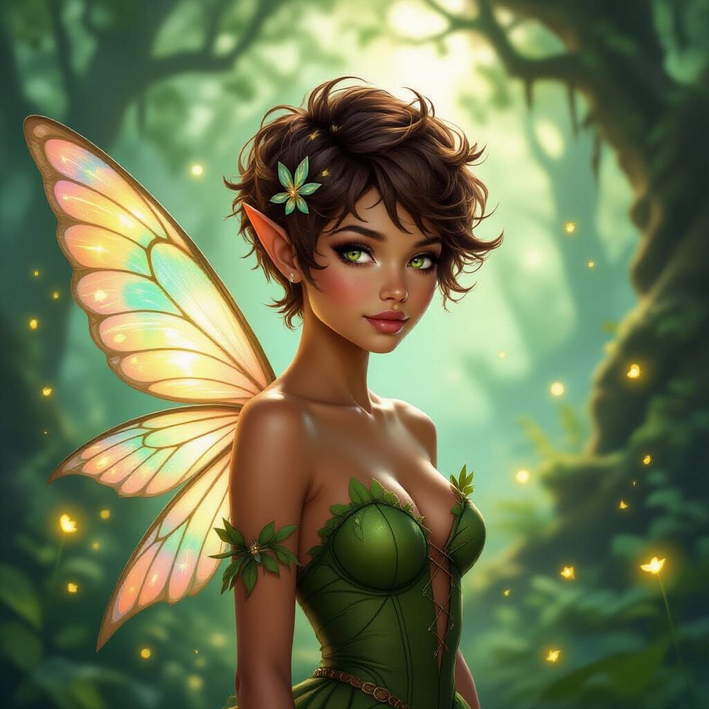 Pixie Fairy in Magical Forest with Iridescent Wings