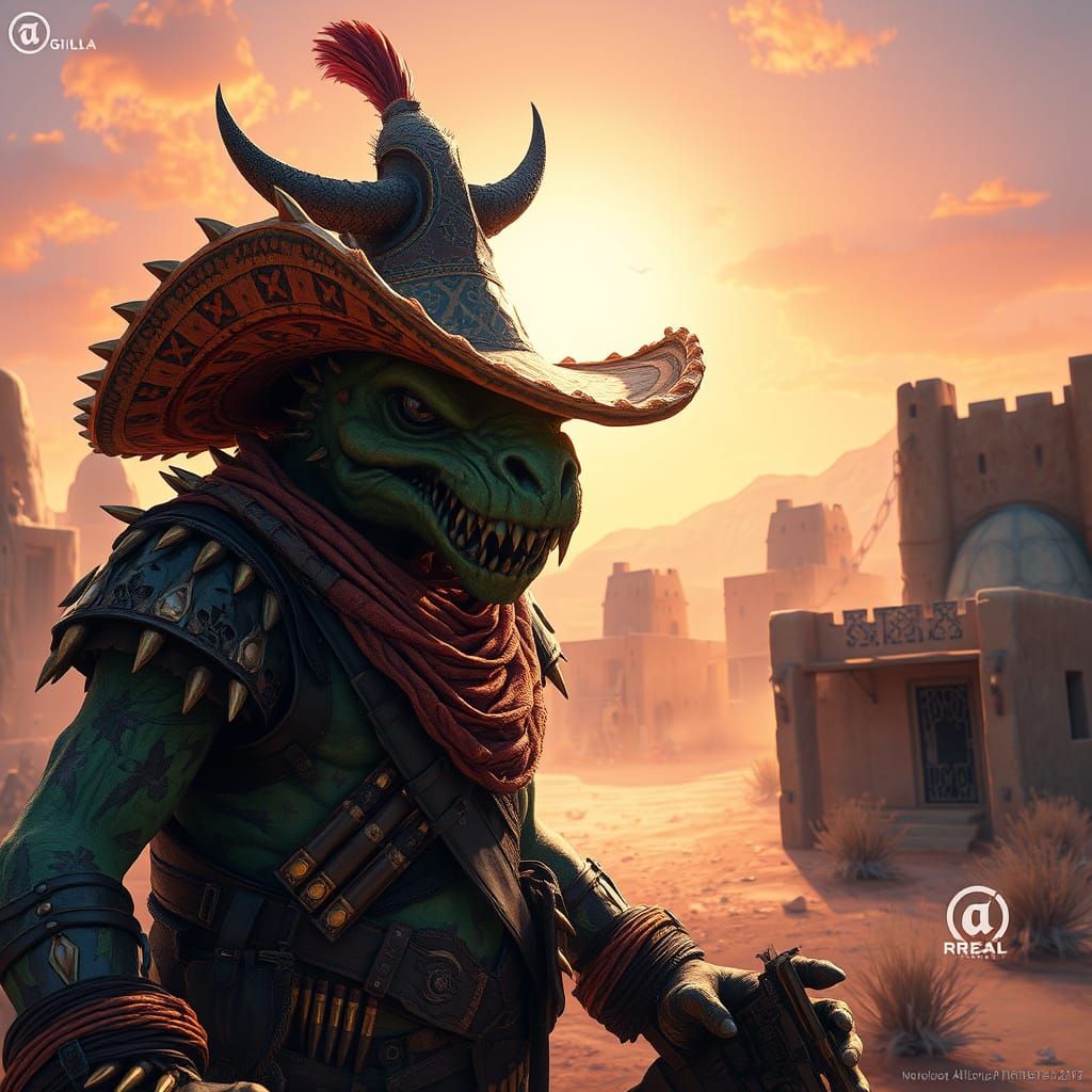 Gila Monster Bandito in Desert, Digital Art