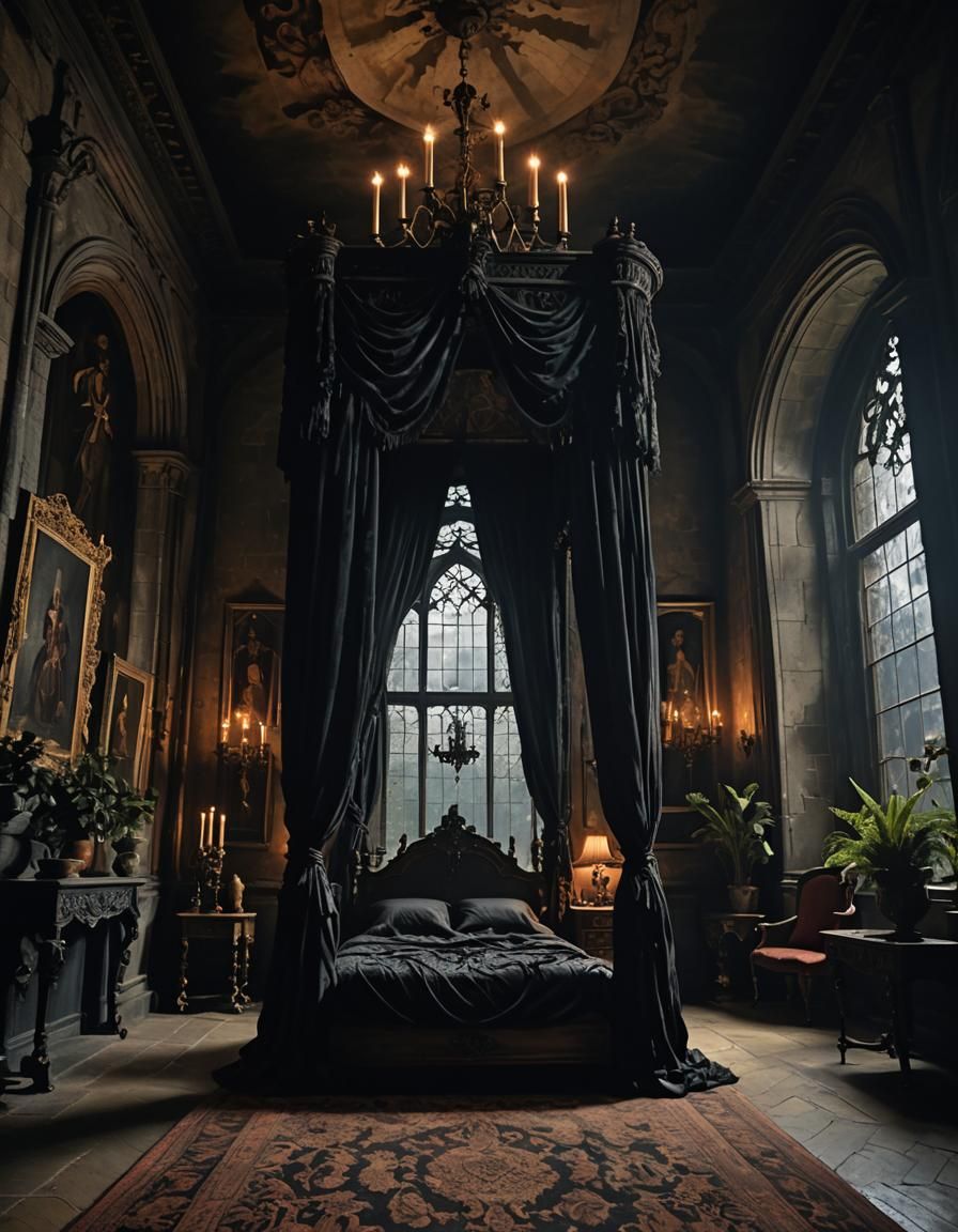 Dark Academia Gothic Bedroom with Black Plants