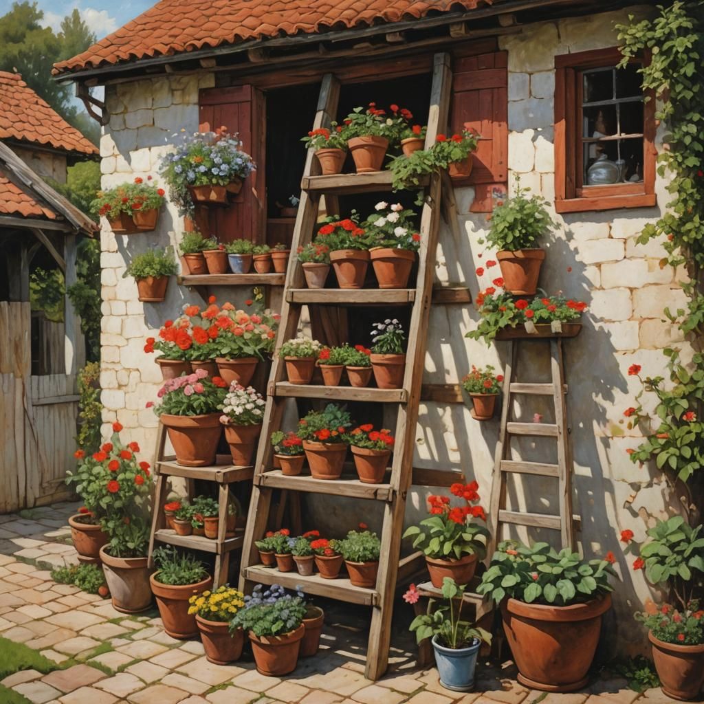 Blooming Garden with Clay Pots, in Oil Painting Style
