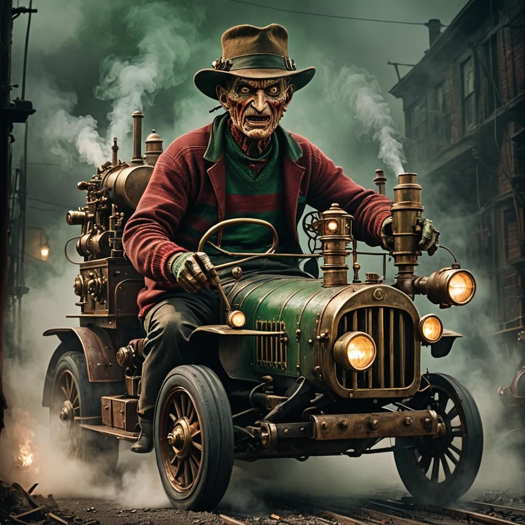Steampunk Freddy Krueger Drives a Steam Truck
