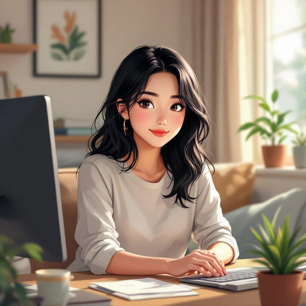 Girl Working at Home in Digital Painting Style