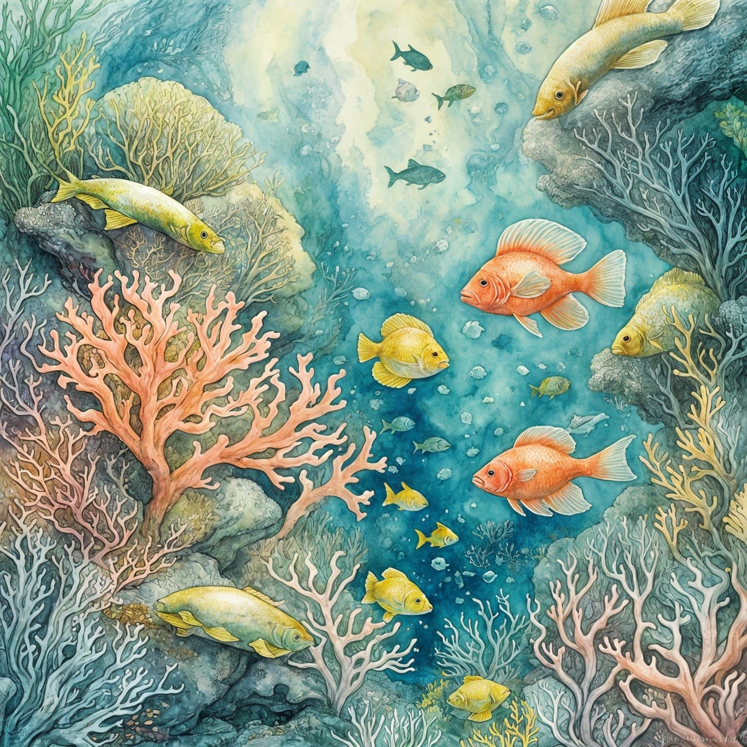 Lush Coral Reef Illustration in Rackham Style