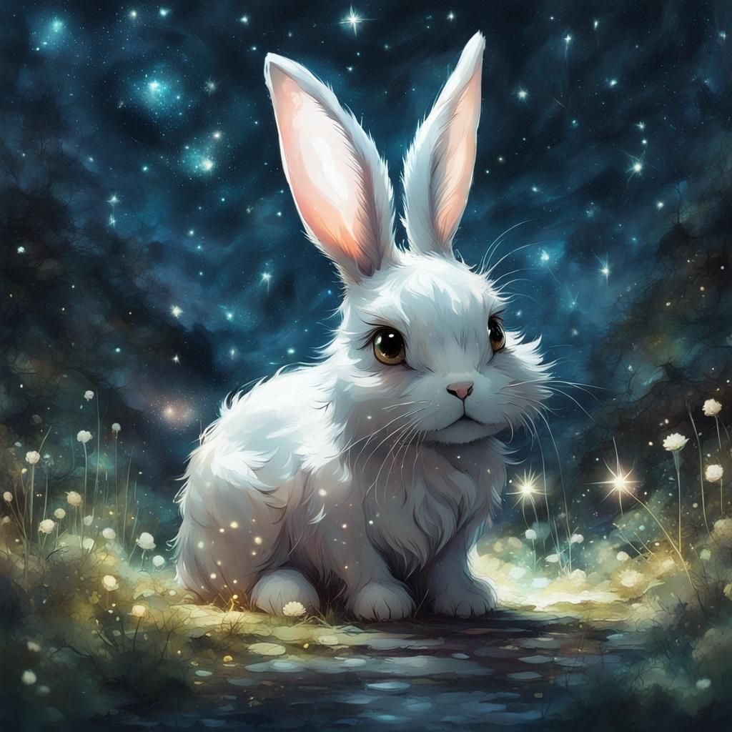 Cute Fluffy Bunny in Bioluminescent Starry Garden