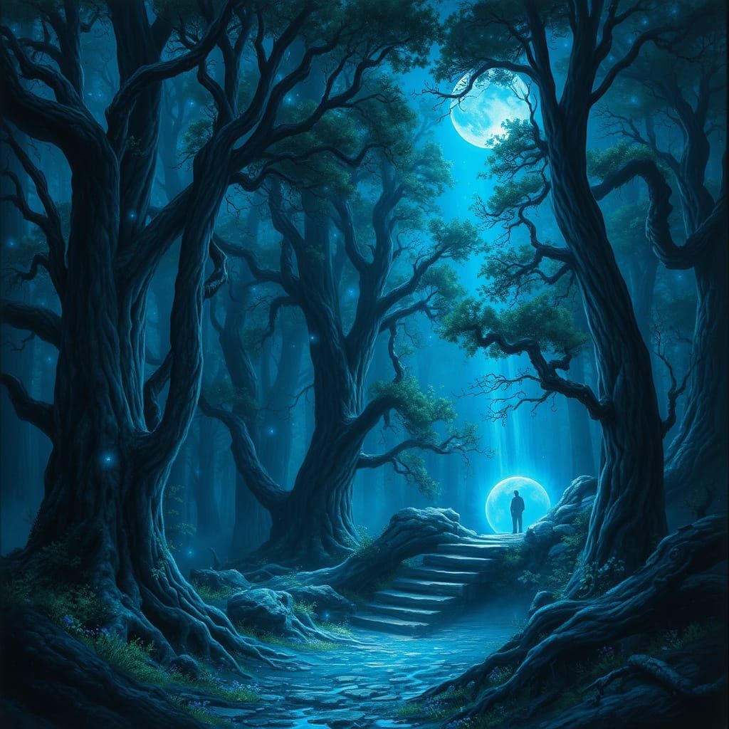 Bioluminescent Midnight Forest Path to Another World