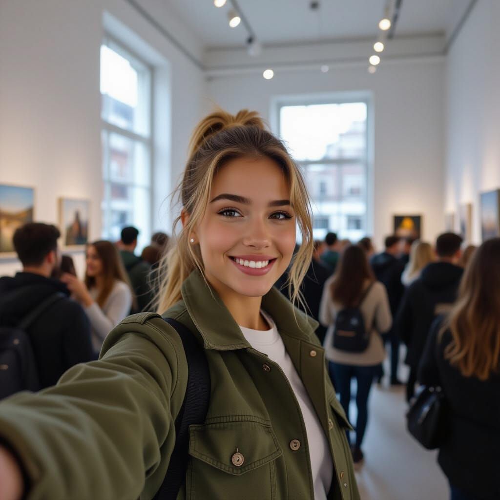 Girl's Selfie in Crowded Gallery, Cinematic Style