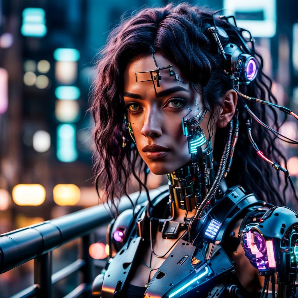Cyberpunk Robot Girl Portrait with Neon Lights