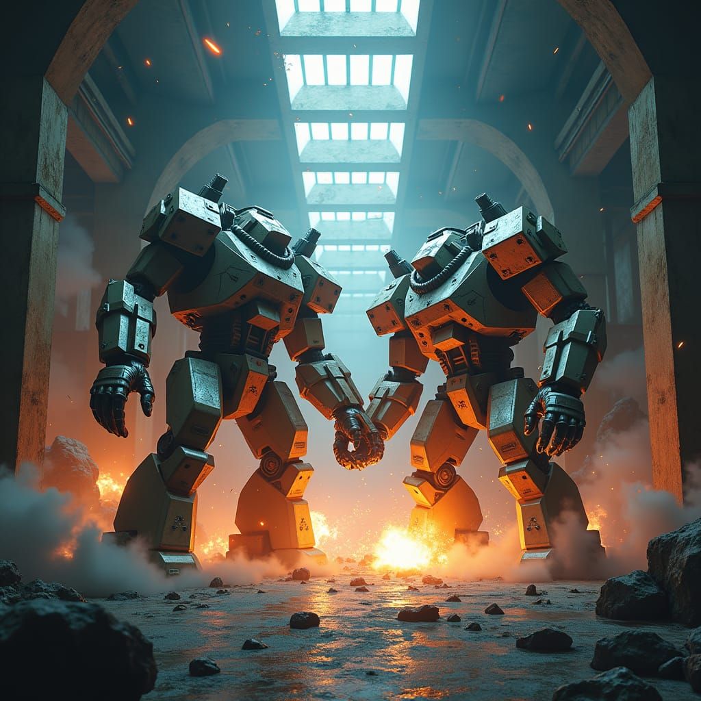 Mecha Clash in Industrial Arena: Fantasy Concept Art