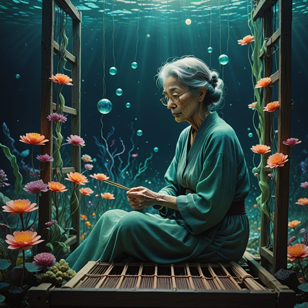 Surreal Underwater Weaver in Ethereal Dreamscape