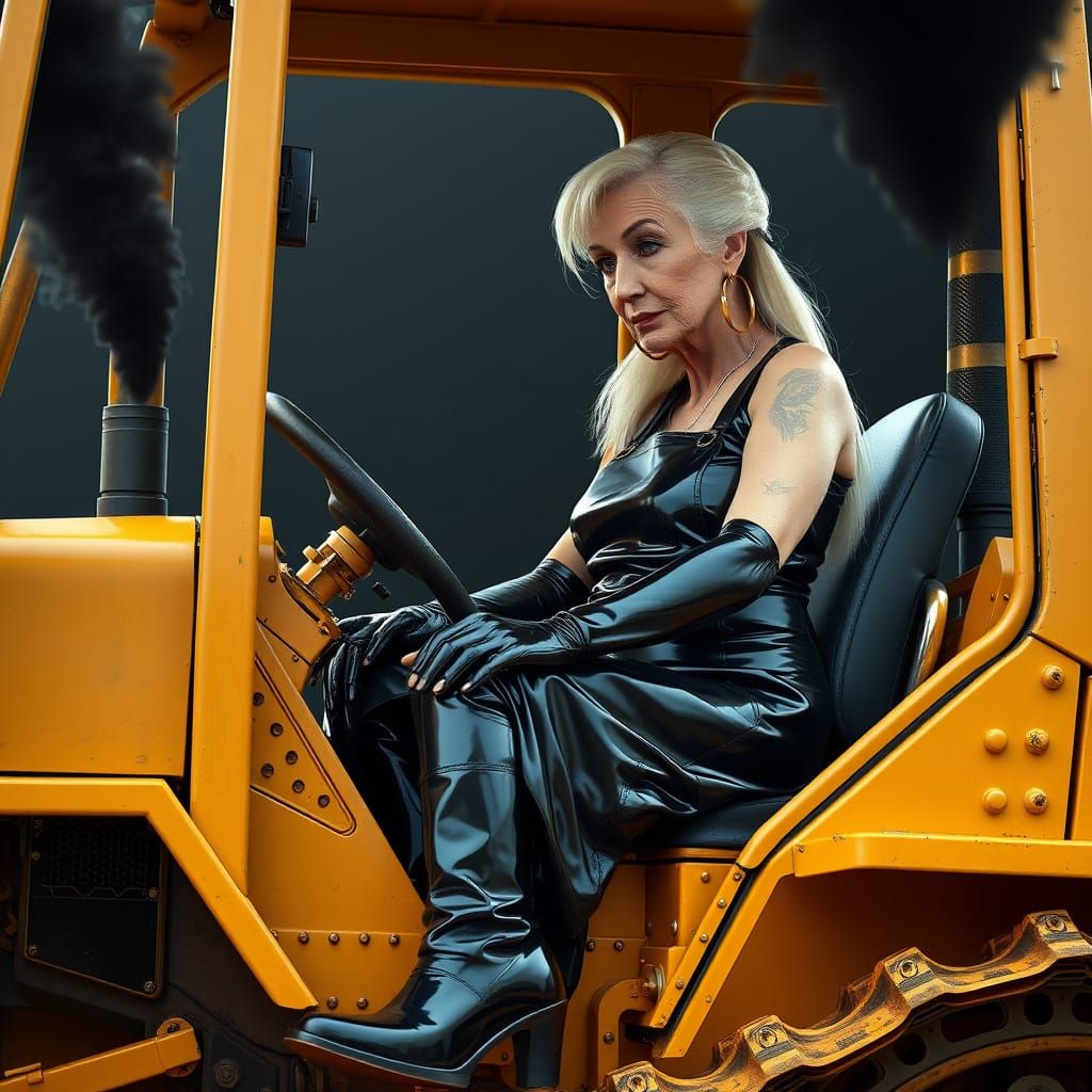 Elegant Woman Operates Bulldozer in Futuristic Style