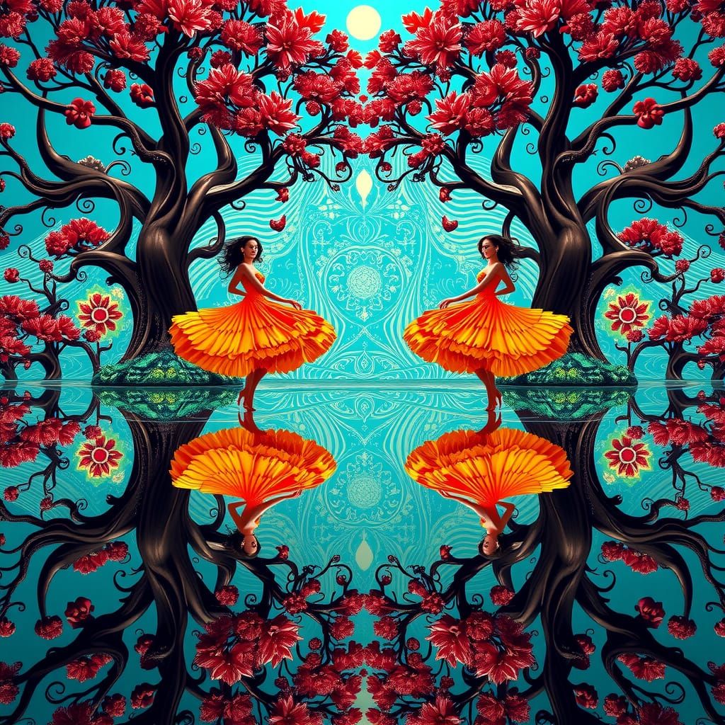 Giantesses Dance on Mirrored Surface in Vibrant Flamenco Sty...