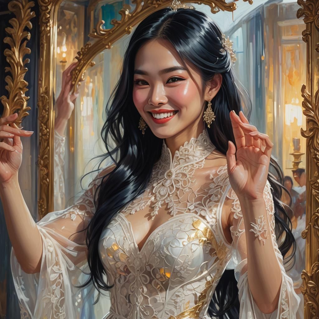 Stunning Asian Woman in Iridescent Oil Painting