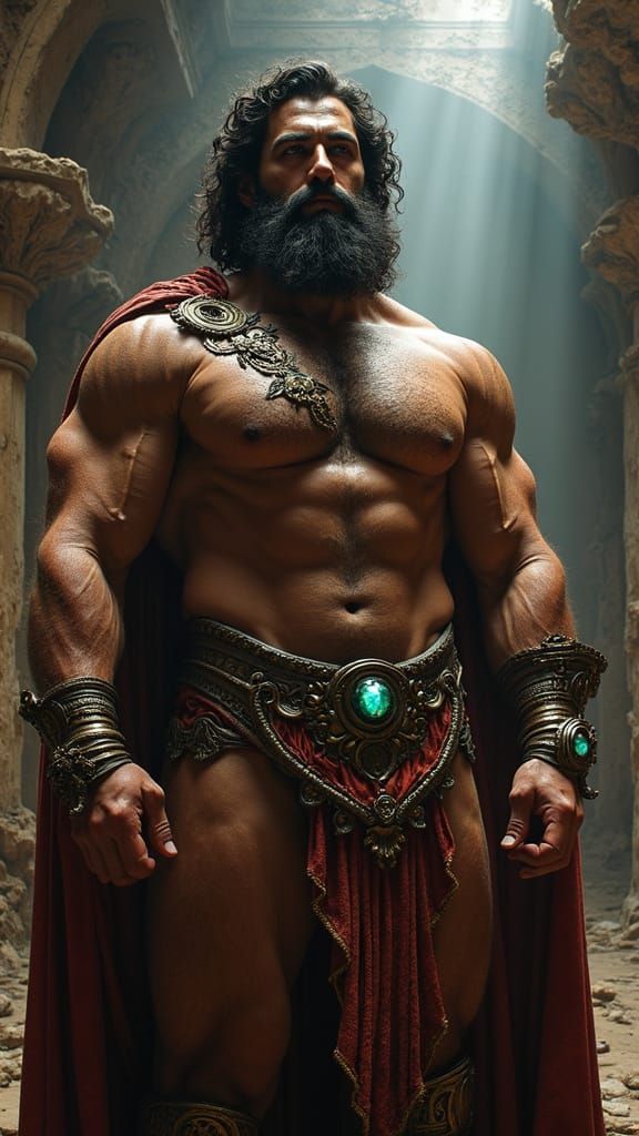 Chiseled Greek God in Elaborate Latex and Lace Adorns Ancien...