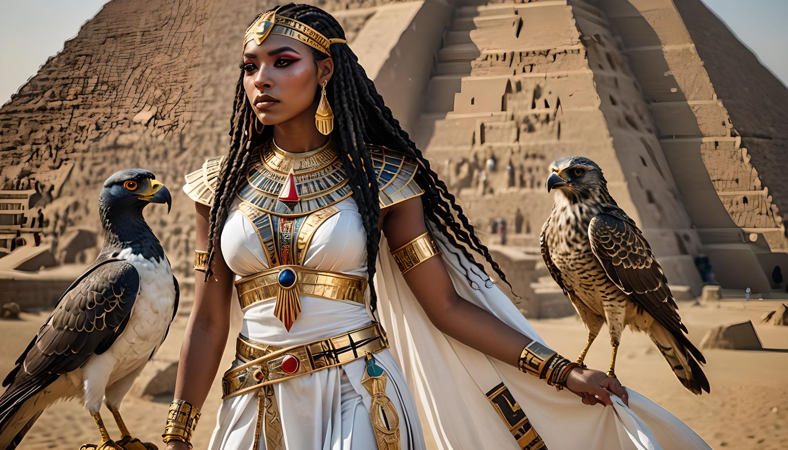 Egyptian Queen with Falcon and Vivid Red Eyes