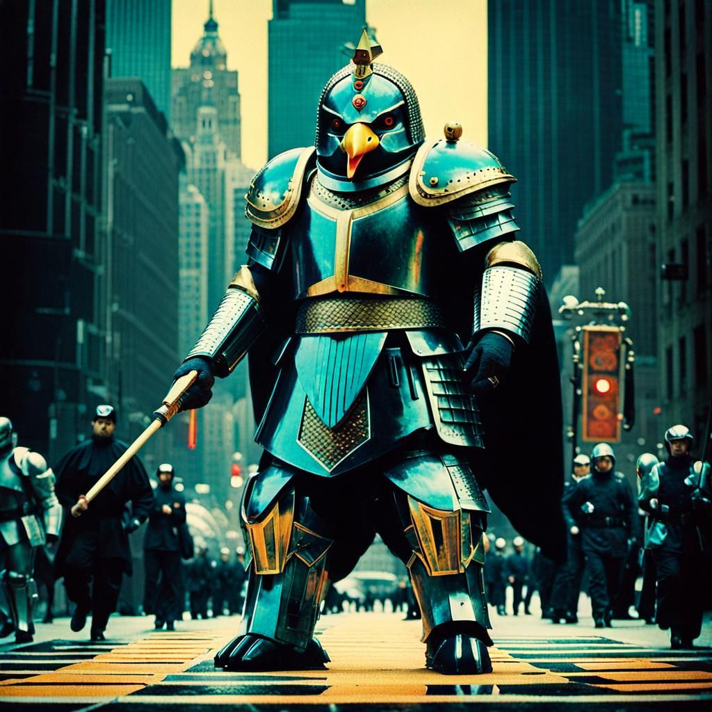 Futuristic Armored Penguin King in Gritty Photo