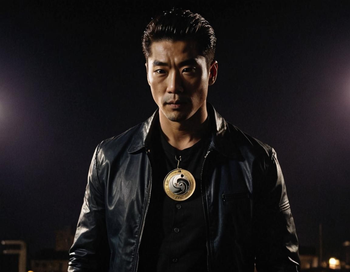 Man Flips Coin in Neo-Noir Cinematic Still