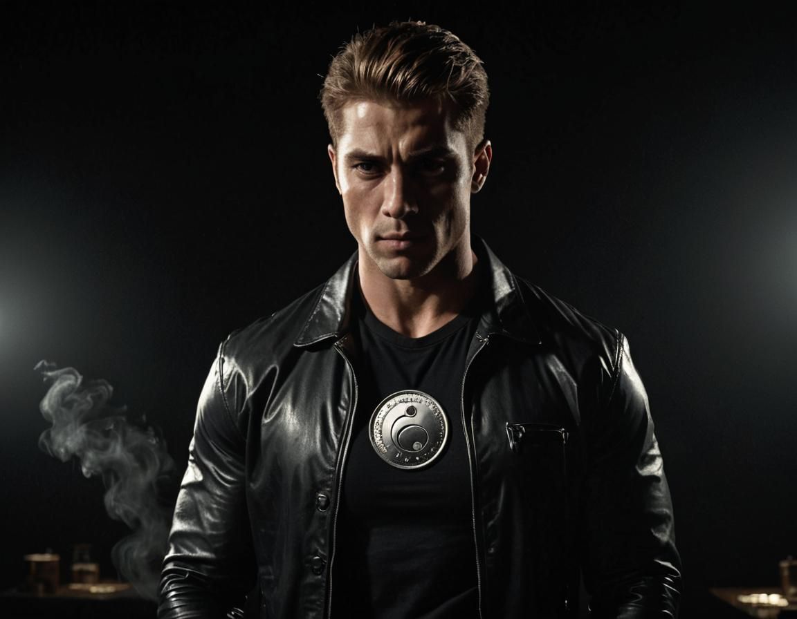 Muscular Man Flips Coin in Dramatic Lighting