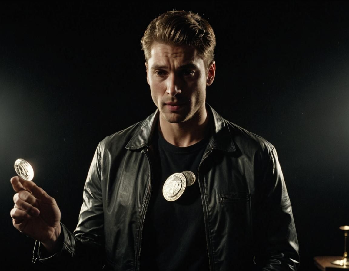 Man Flips Coin in Cinematic Film Still