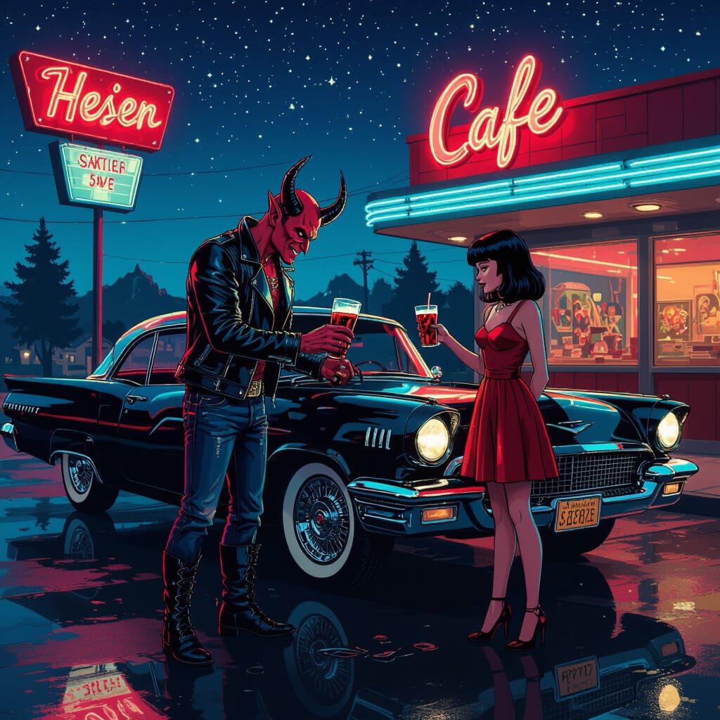 Demon Repairs 60s Car at Neon Cafe in Warhol Style