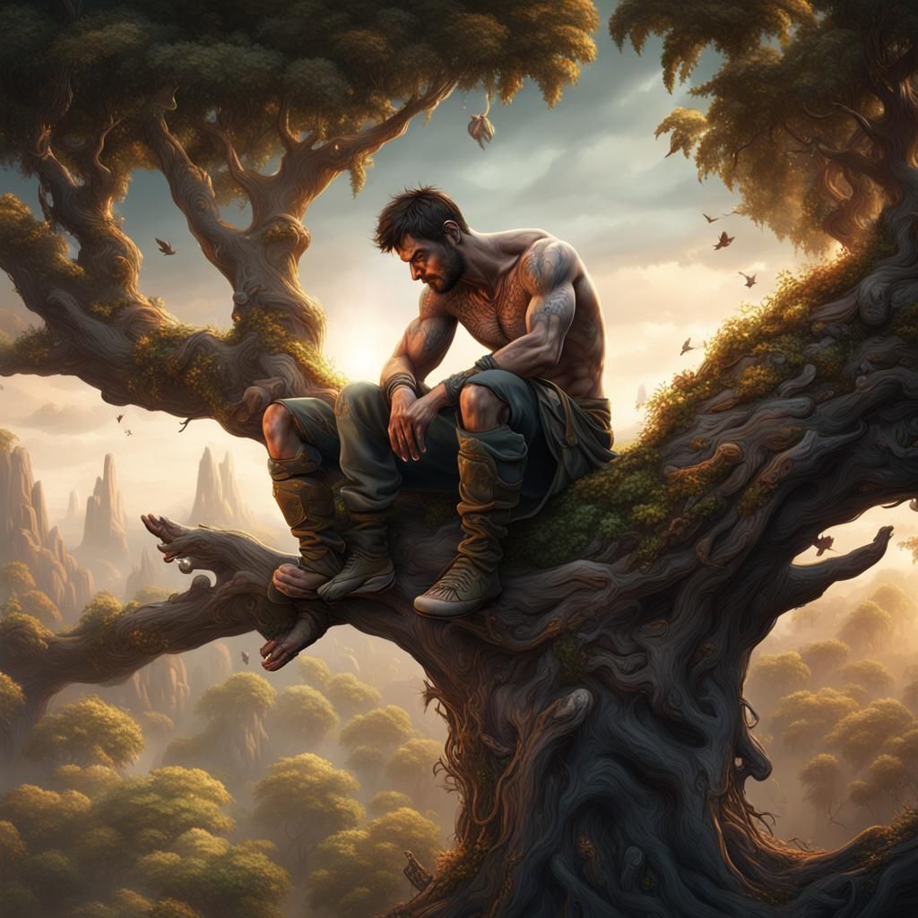 Shirtless Man in Tree: Fantasy Concept Art