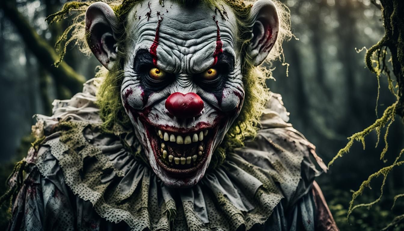 Zombie Clown Grin in Misty Dark Fantasy Forest