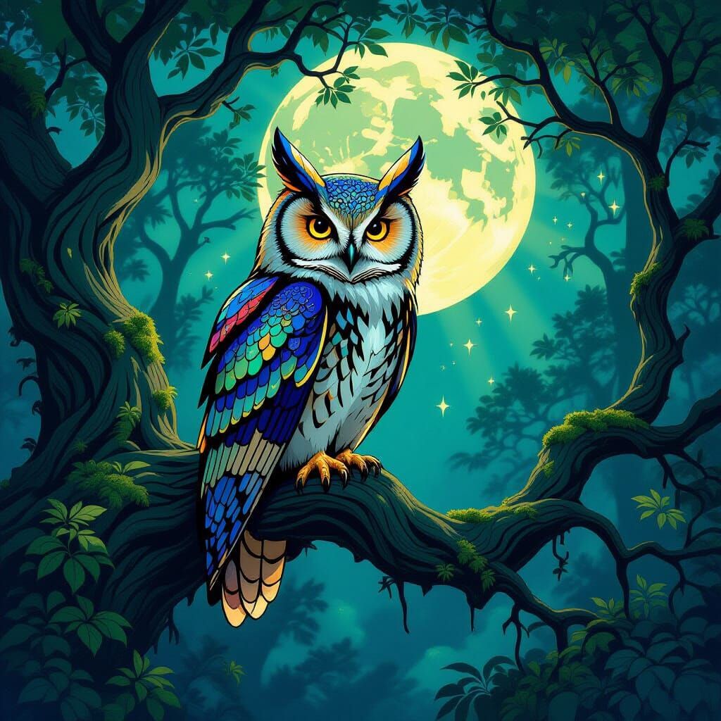 Majestic Owl in Bioluminescent Forest, Art Nouveau Style