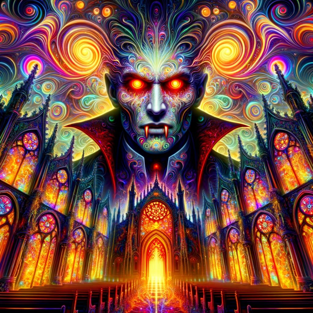 Psychedelic Vampire in Swirling Color Church
