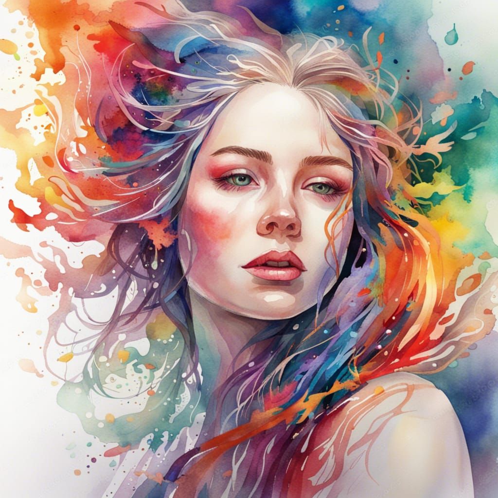 Watercolor Girl with Bright Colors and Flowing Hair