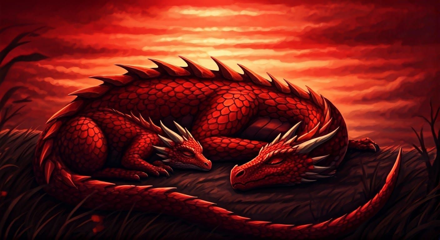 Red Dragon and Baby at Sunset