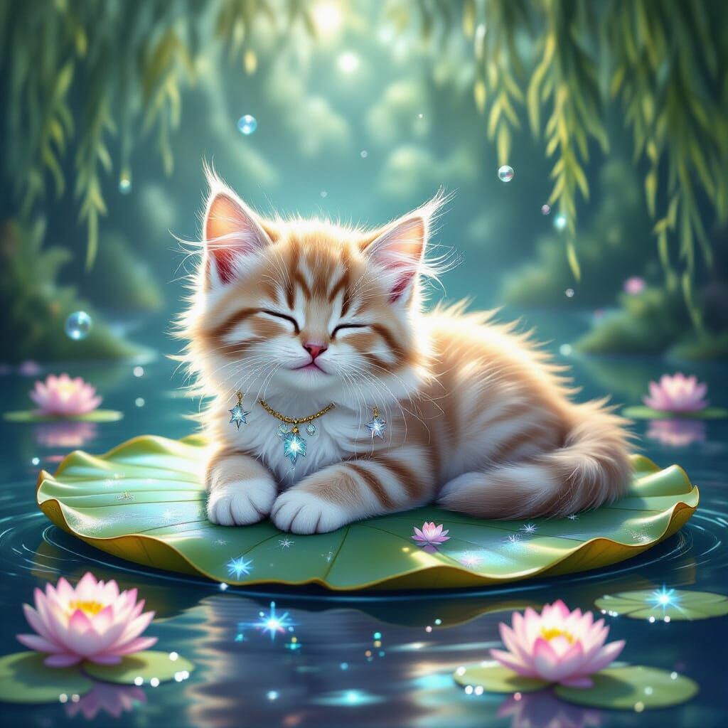 Dreamcatcher Kitten Napping on Cosmic Lily Pad