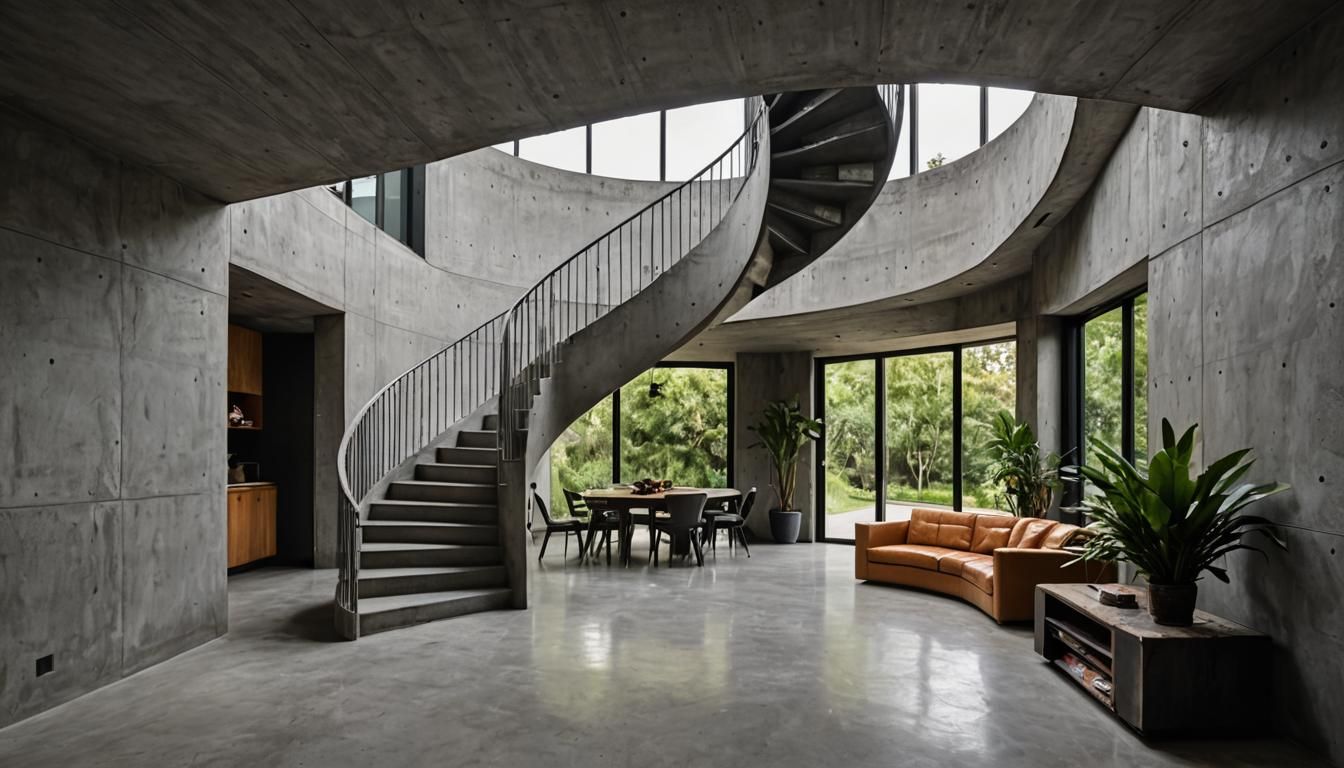 Striking Modern Brutalist Interior with DNA Staircase