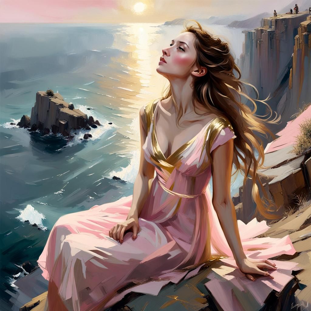 Woman on Cliff with Gold Paint Strokes