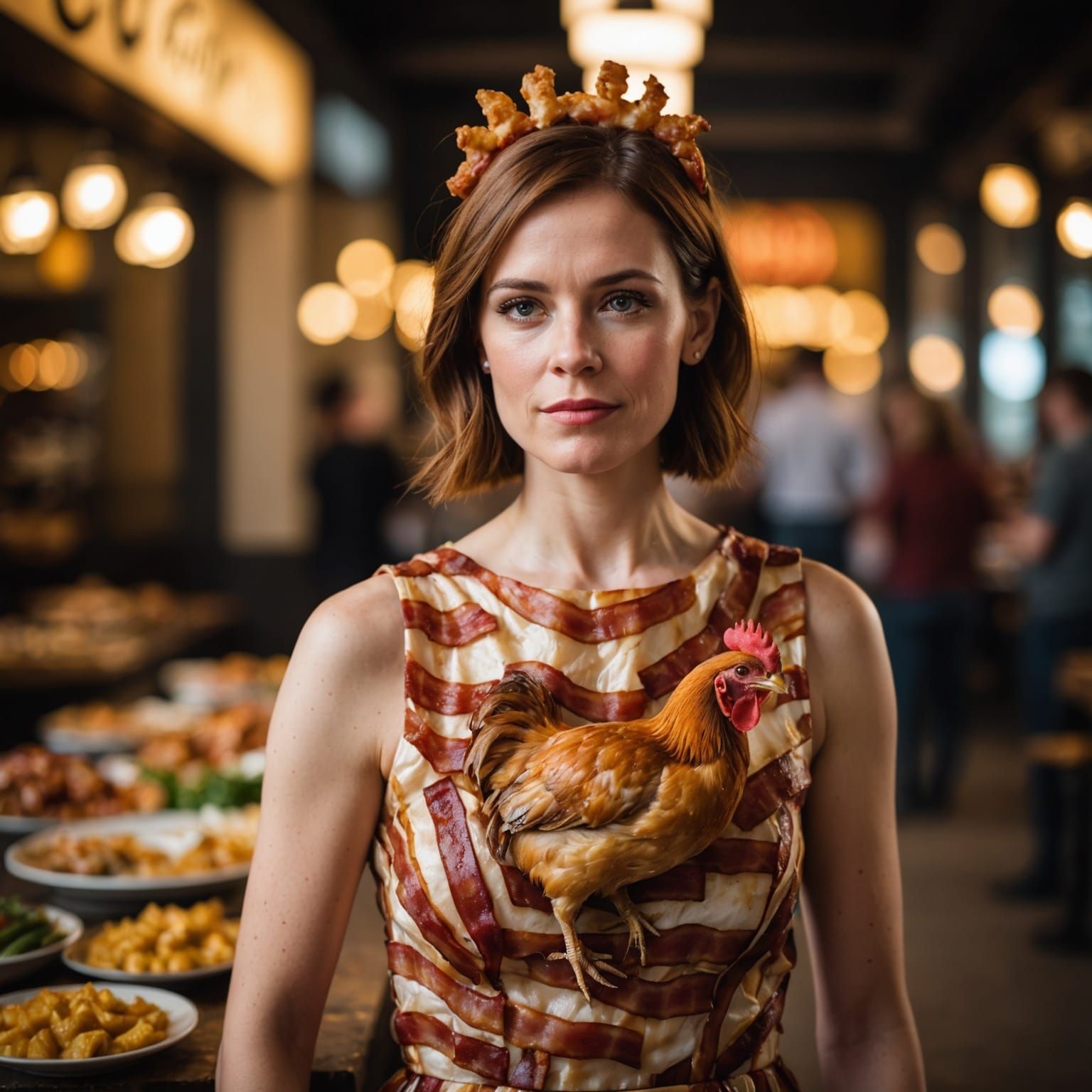 Bacon Dress on Chicken-Faced Woman