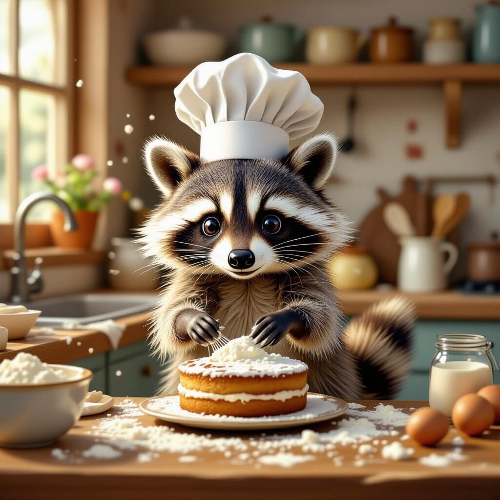 Raccoon Chef Baking in Sunlit Kitchen