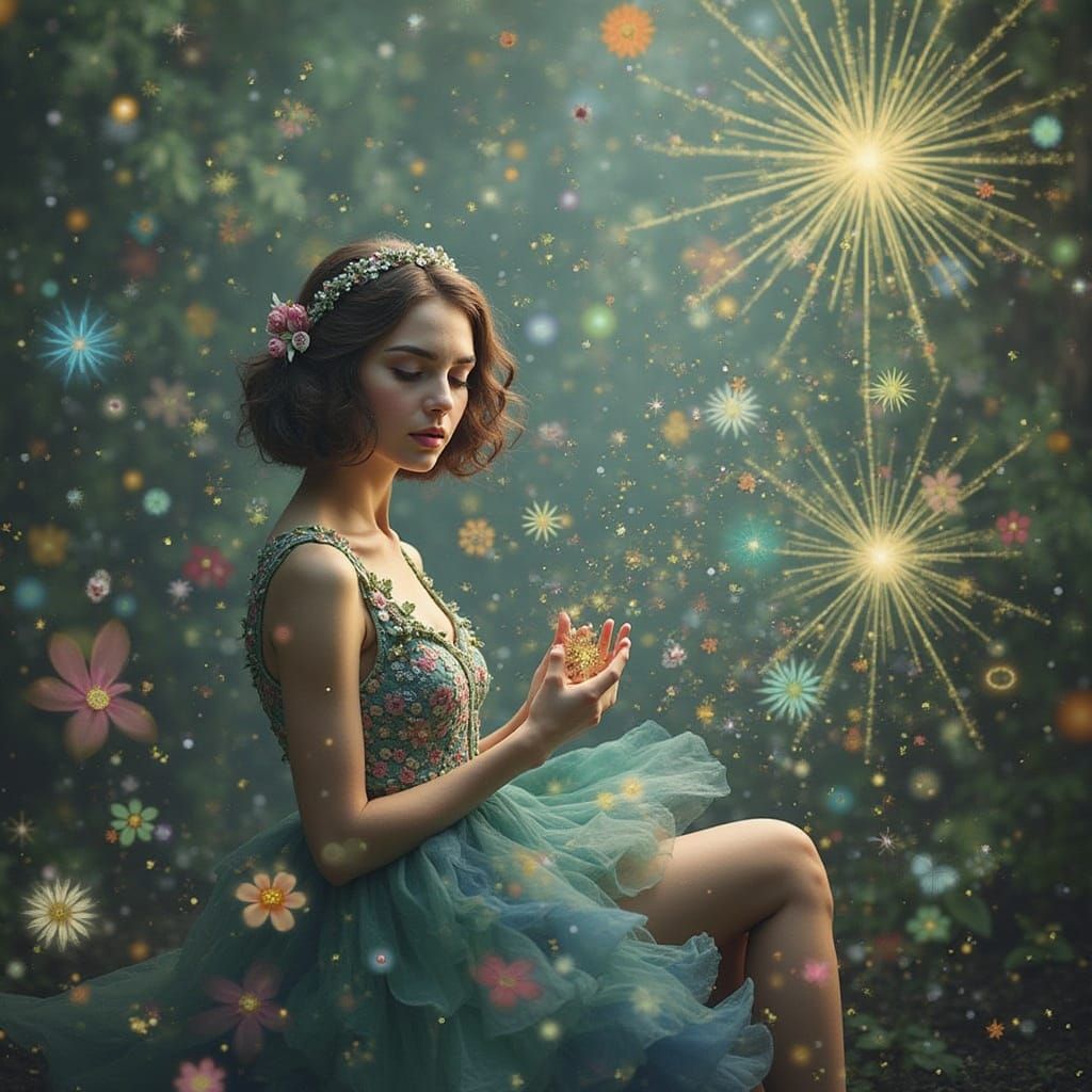 Whimsical Woman with Vibrant Sparkles and Swirls