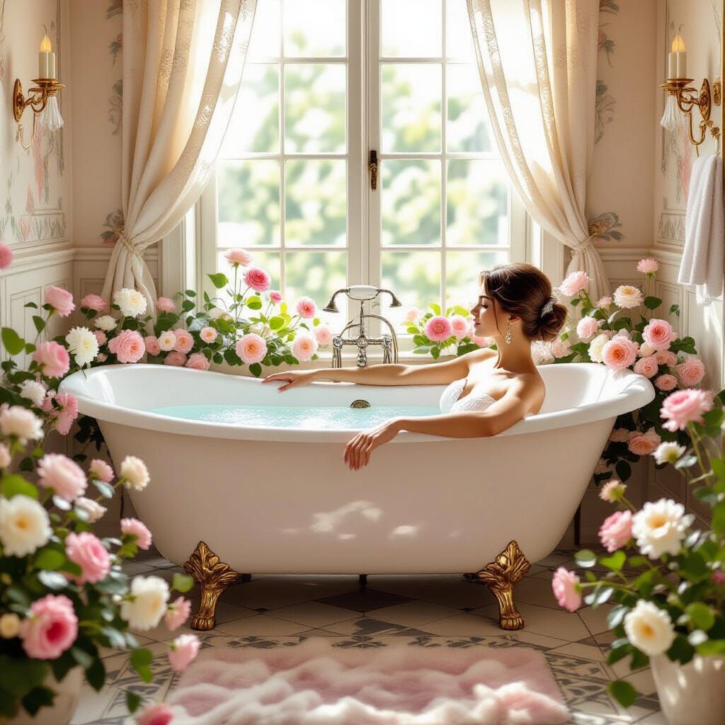 Elegant Woman in Luxurious Bathroom in Art Nouveau Style
