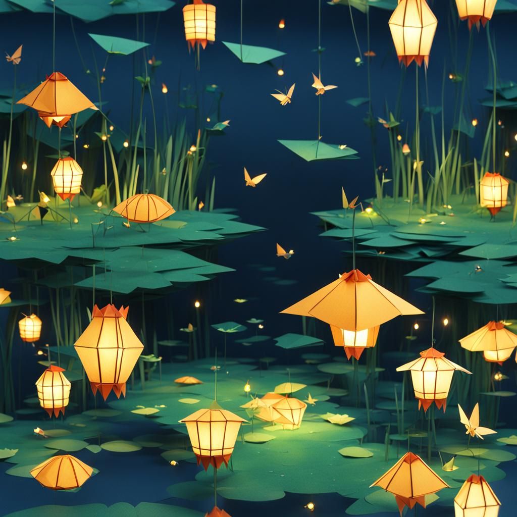Studio Ghibli Style Origami Lanterns and Fireflies