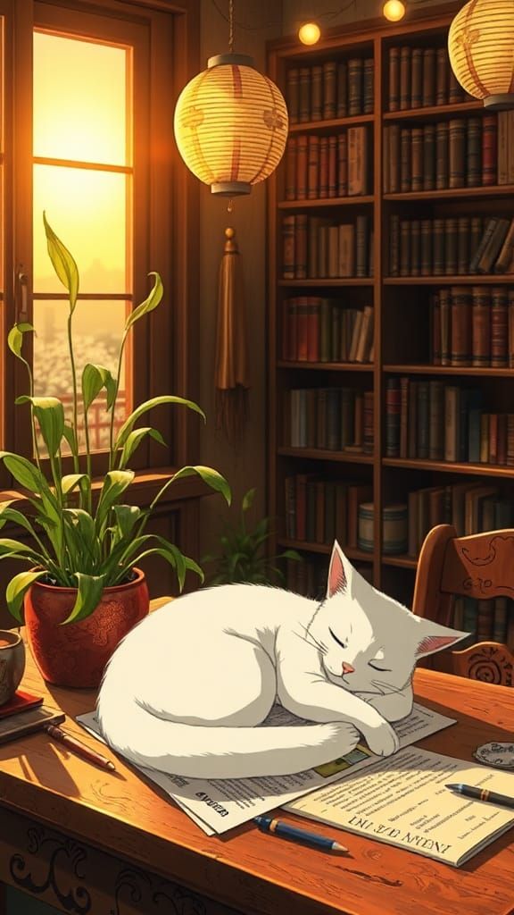 Studio Ghibli style a cozy indoor scene featuring a sleeping white cat curled up on a table beside window. there is a ne...